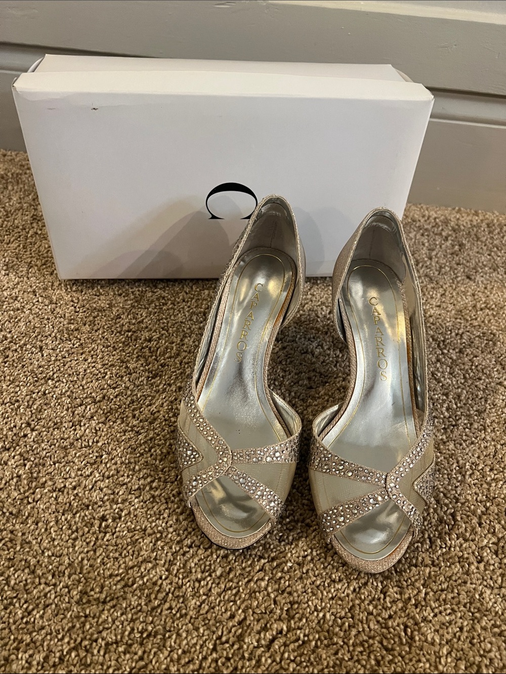 Caparros Zofia Women's Beaded Open-Toe Heels in Champagne Gold